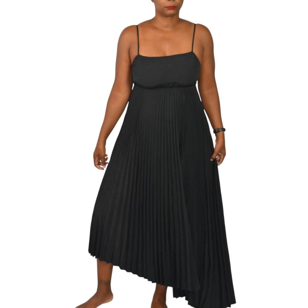 All Saints Evetta Dress Black Asymmetric Pleated Slant Midi Strap Pullover Small
